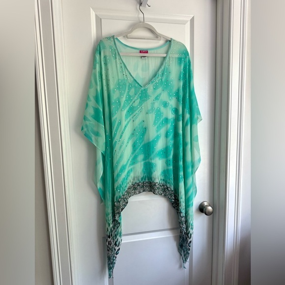 Ranees Sheer Boho Tunic Beach Coverup Turquoise Blue Asymmetrical Rhinestone M - Picture 2 of 11